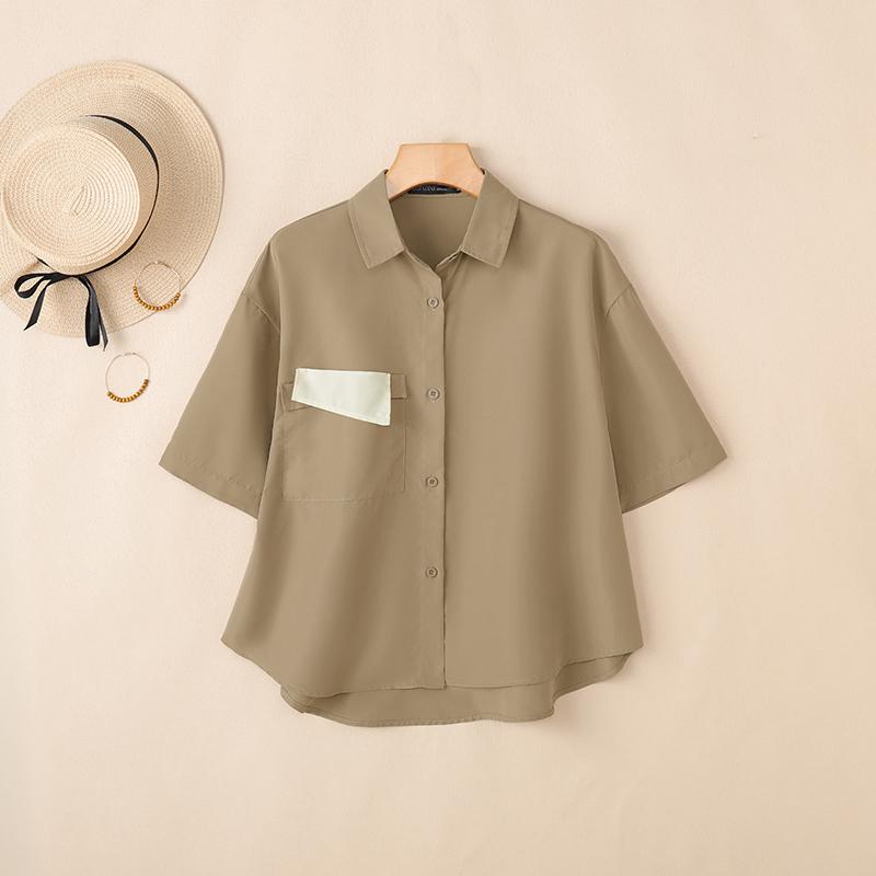 ZANZEA Blusa informal holgada de media manga con cuello vuelto para mujer