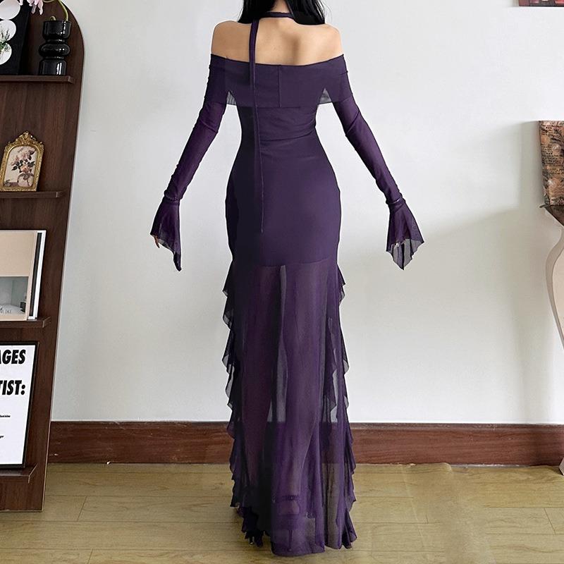 Autumn Women's Solid Color Slim-fit Fashion One-line Collar Long-sleeved Slit Dress