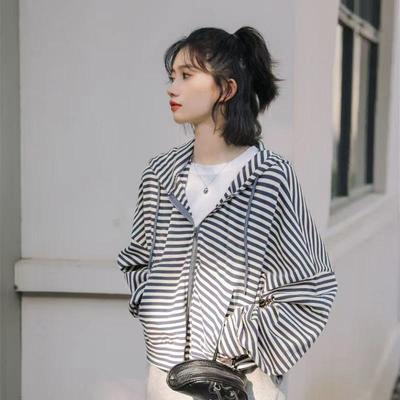 Spring and Autumn Lazy Cardigan Striped Sweatshirt Jacket Women's New Loose Hooded Hong Kong Style Top