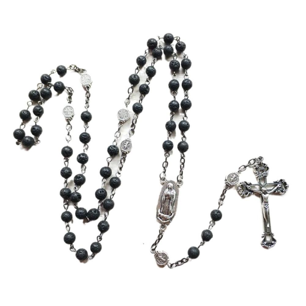Long Cross Chain Vintage Crucifix Pendant Chain Black Gallstone Rosary Necklace  Women