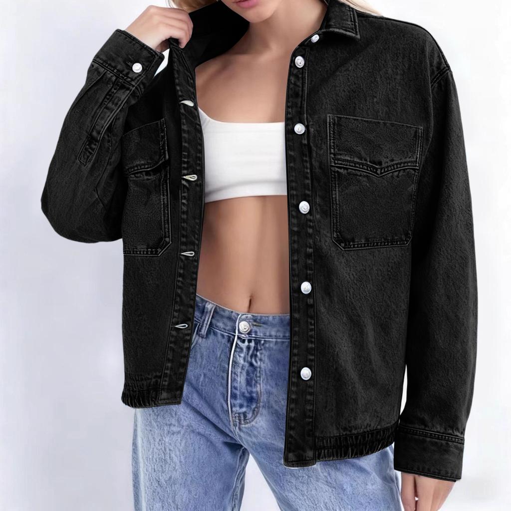 Women's Washed Vintage Loose Fit Casual Denim Shirt Jacket Button Down Long Sleeve Pocket Detail Lightweight Outerwear