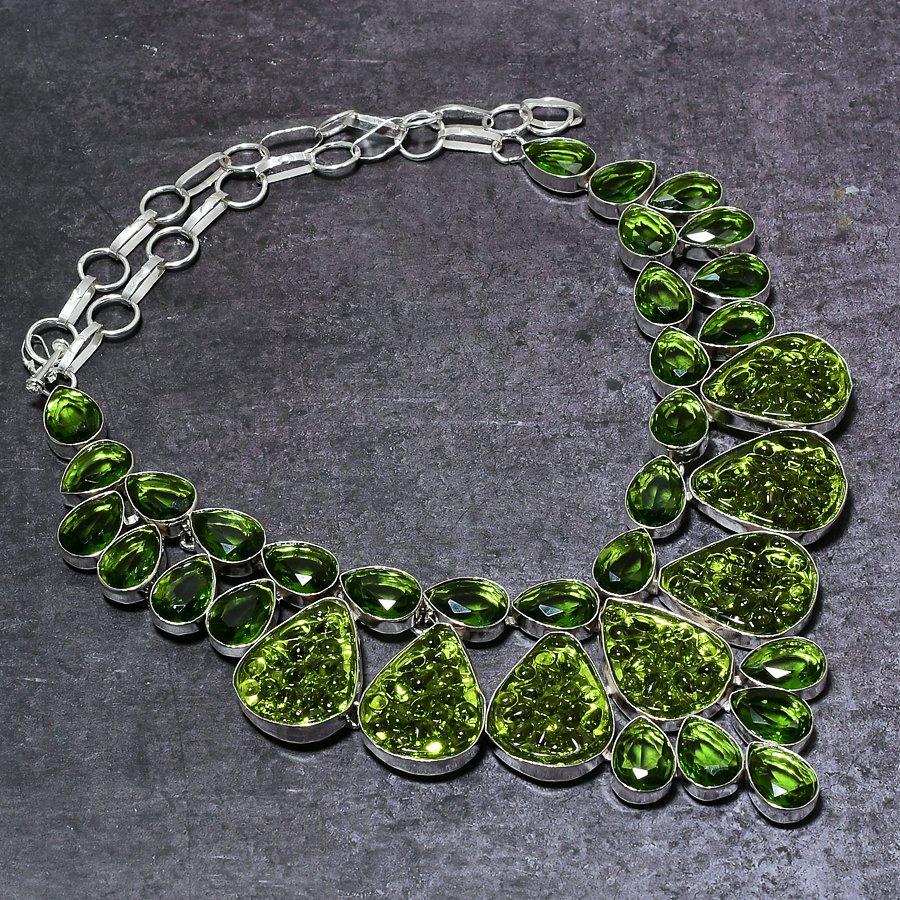 Moldavite, Peridot Gemstone Handmade 925 Sterling Silver Necklace 18" U6m64