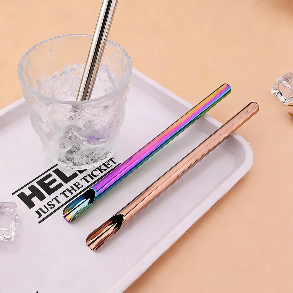 8Pcs Stainless Steel Straw Reusable Pearl Milkshake Bubble Tea Straws with Brush Stirring Smoothie Spoon Shaped Straw Set