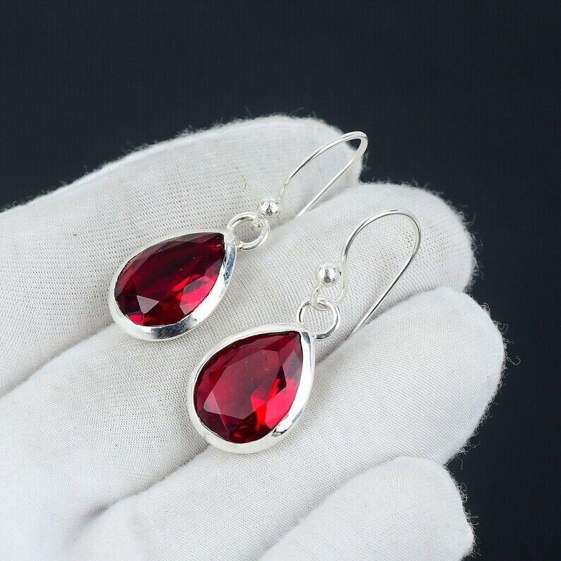 Rød granat øredobber, 925 sterling sølv øredobber Vakker edelsten Cabochon rød