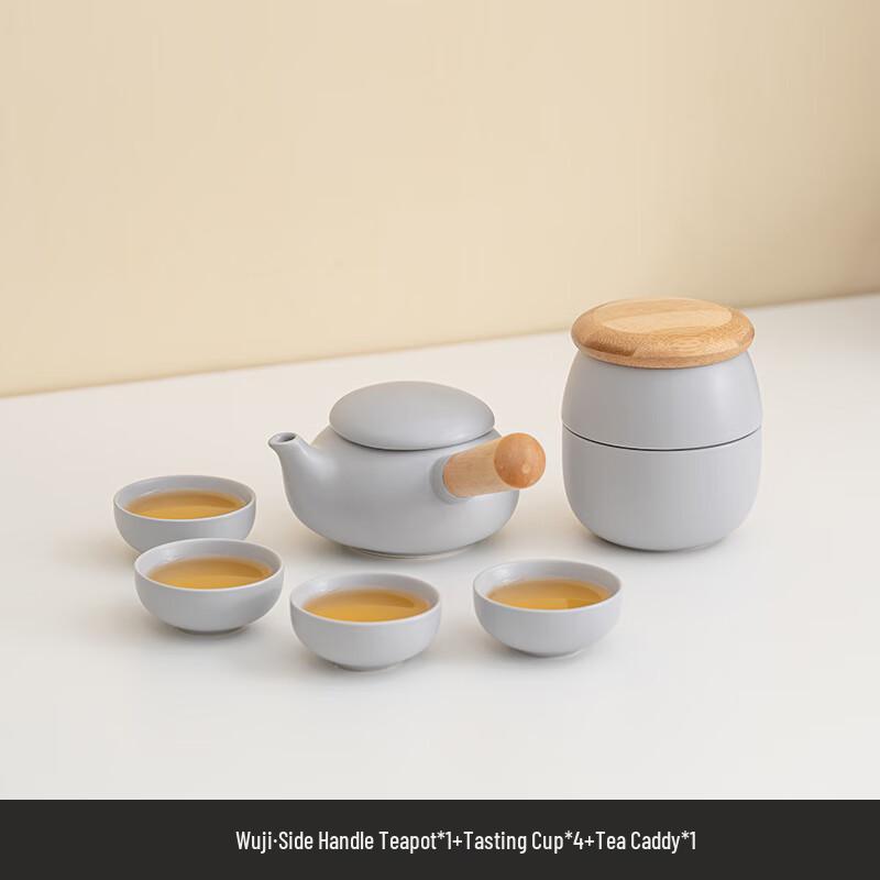 Jun Seventeen UD Celadon Gongfu Tea Set Side-handle Teapot + 4 Tasting Cups + Tea Caddy