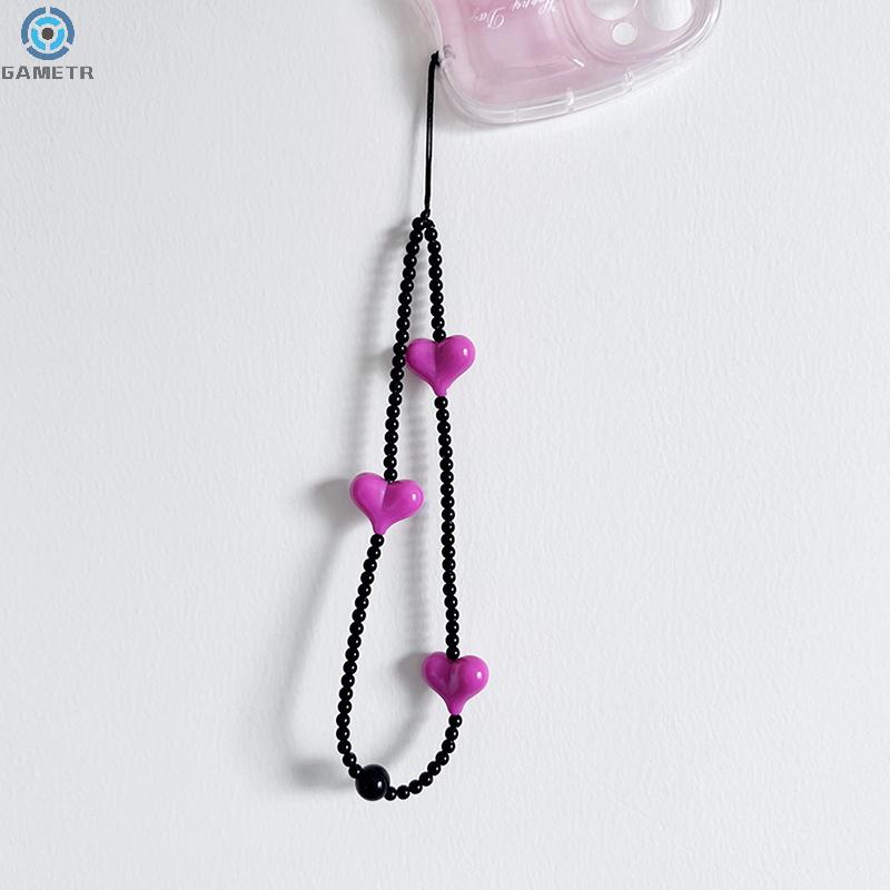 Korean Black Heart Phone Charm Straps Acrylic Beaded Cell Phone Chains Handy Wristlet String Lanyard Y2K Jewelry Accessories