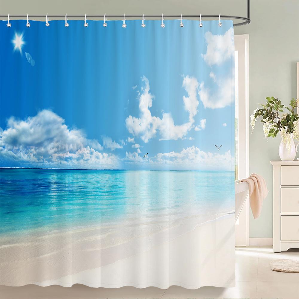 Sunshine Beach Shower Curtain,Ocean Shell Starfish Printing Polyester Fabric Bathroom Curtains for Home Decoration Curtain