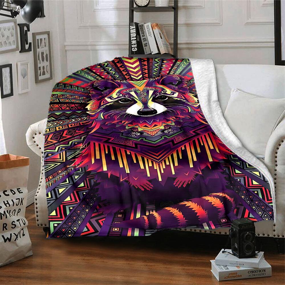 1pc Raccoon Vibrant Print Blanket - Lightweight Flannel Throw Blanket For Sofa, Bed, Living Room, Office, Outdoor Travel, Camping, Soft All-Season079