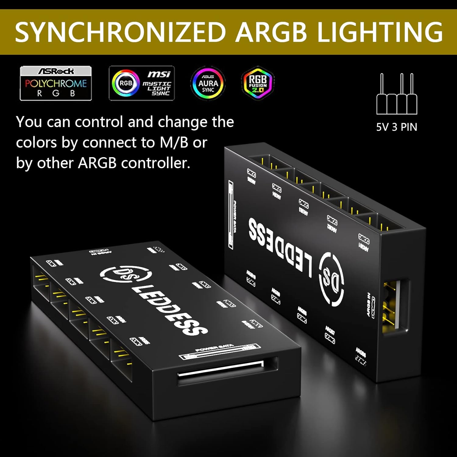 Connector 11 Port ARGB Splitter Hub for LED Fans and Lights, SATA Power 1 to 10 ARGB Extension Cords, 5V ARGB Motherboard Sync(B Series)