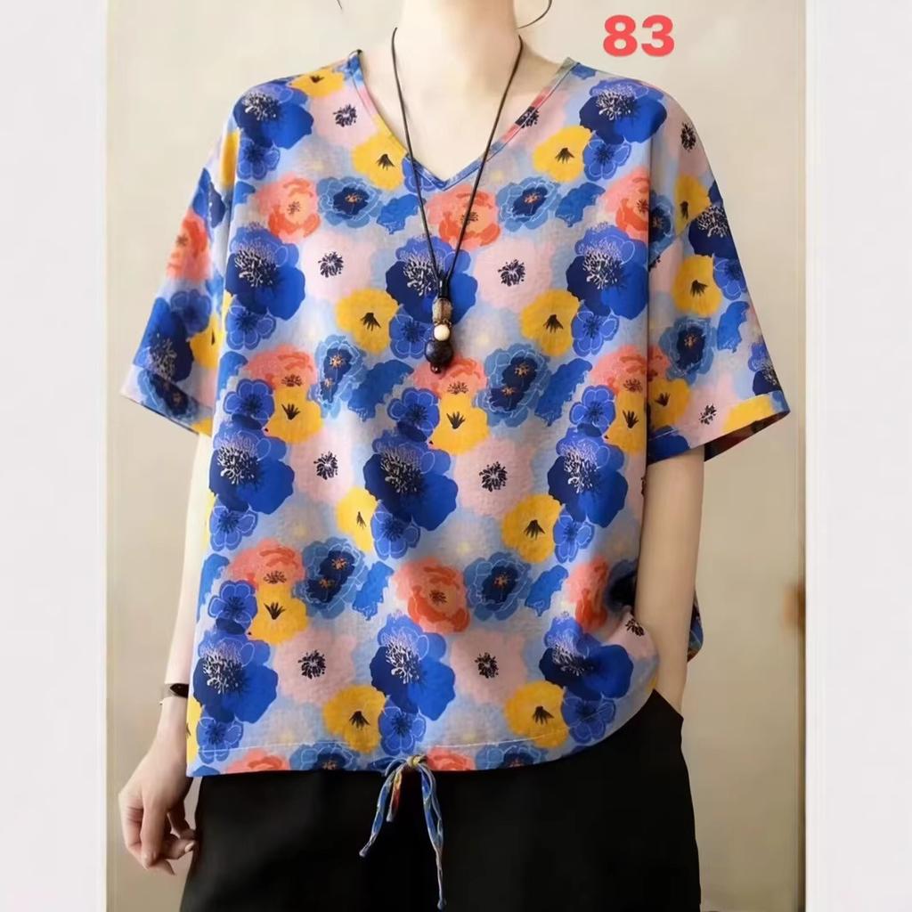 Summer Printed Short-sleeved T-shirt V-neck Cotton and Linen Loose Large-size Women's Top T-shirt Cotton and Linen Shirt