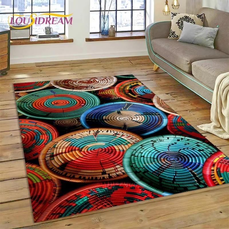 3D Ethiopia Colorful Flower Woven Art Baskets Mandala Rug Carpet for Living Room Bedroom Home Decor,Non-slip for Sofa Doormat
