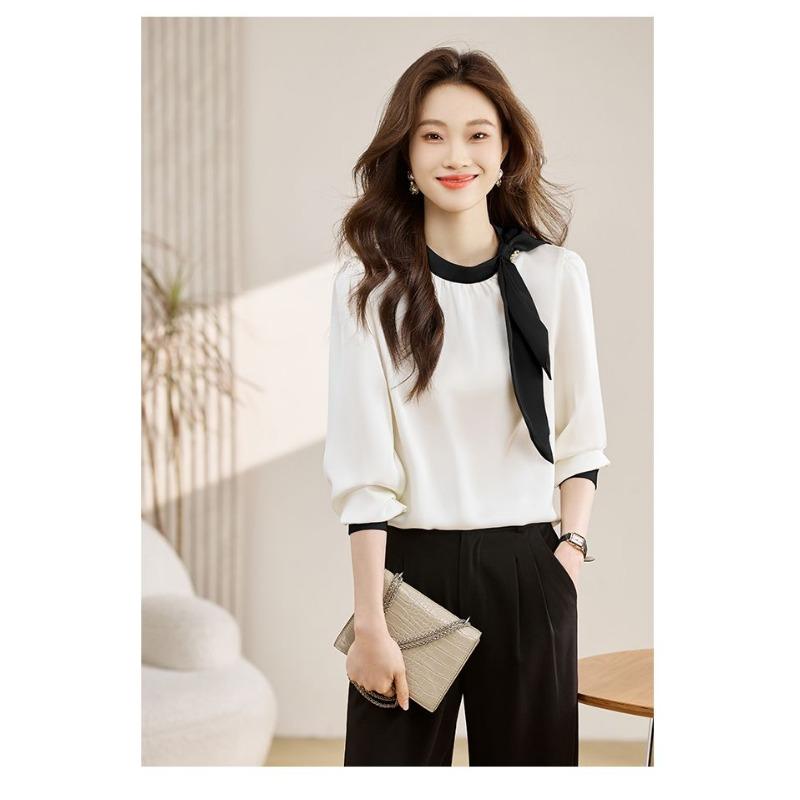 French Bow Shirt Women's Spring and Autumn New Color Matching Ribbon Design Top