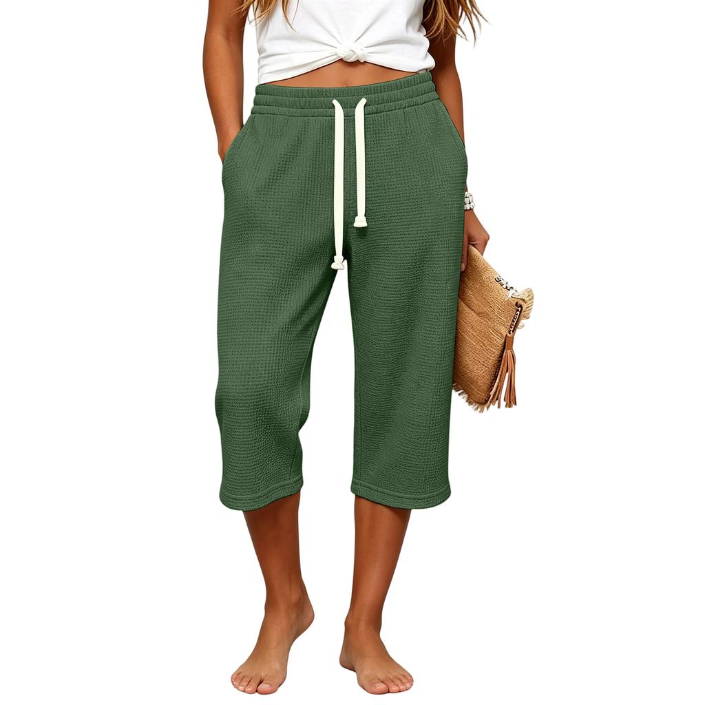 Women Waffle Knit Capri Pants High Waist Elastic Drawstring Casual Loose Fit Side Pockets Mid Length Lounge Pants Summer Wear