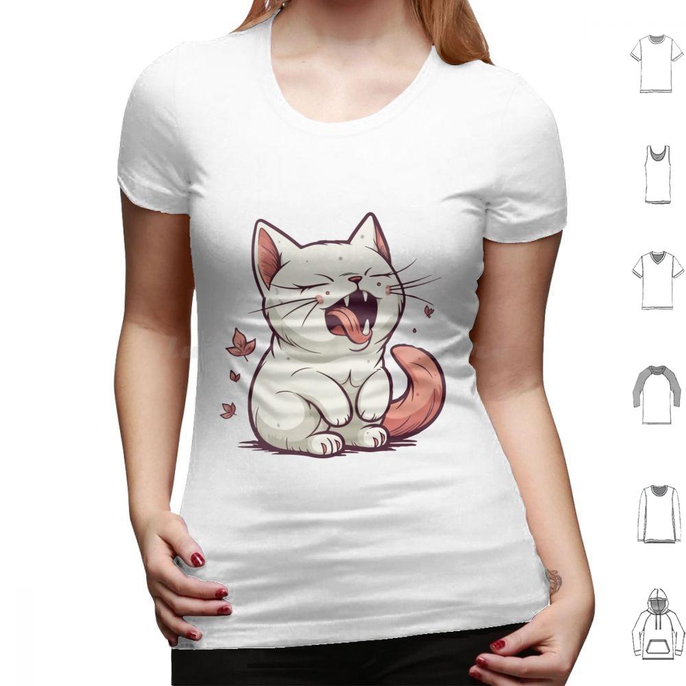 Aaahhhhh Gähnende Katze T-Shirt 6XL Baumwolle Cooles T-Shirt Niedliche Katzenillustration Cartoon-Katzen-Design Miauzende Katze Kunst Verspielte Katze