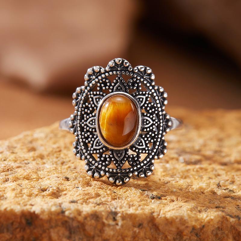 S925 Sterling Silver Retro Thai Silver Colored Treasure Ring Female Court Hollow Pattern Multi-Colored Natural Gemstone Index Finger Ring