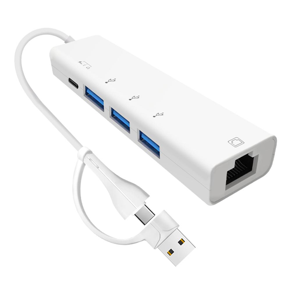 AJ1027 USB + Type-C Dual Port 5 in 1 Adapter Type-C 3xUSB RJ45 Ethernet Network Hub A