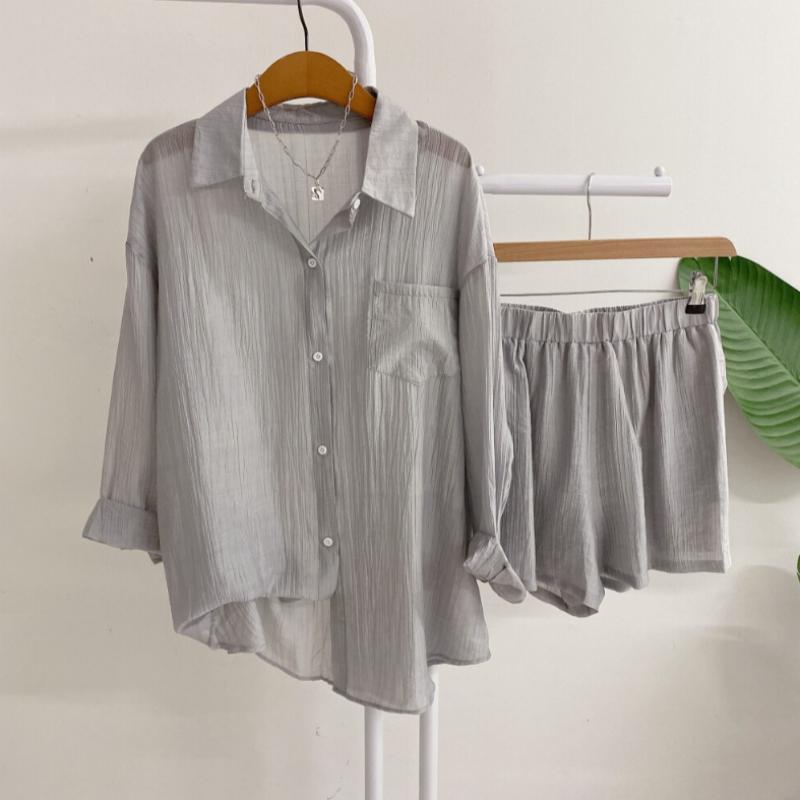 Honey J Women Noella Wrinkle Pocket Shirt Banding Shorts 4 Colors