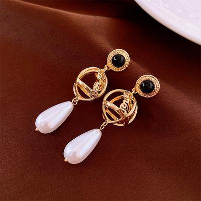 French Metal Ball Diamond Imitation Pearl Silver Needle Earrings Real Gold Electroplating Temperament Earrings