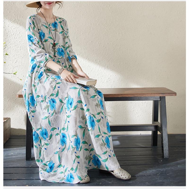 DIMANAF 2024 Rochie de primăvară mărime Plus pentru femei, rochie boemă ocazională cu imprimeu floral, rochie lejeră pentru plajă, decolteu O, verde, femeie