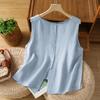 Damen Leinen Baumwolle Ärmellose Bluse Weste Wendbar Einreiher Rundhals Locker Sommer Tanktop