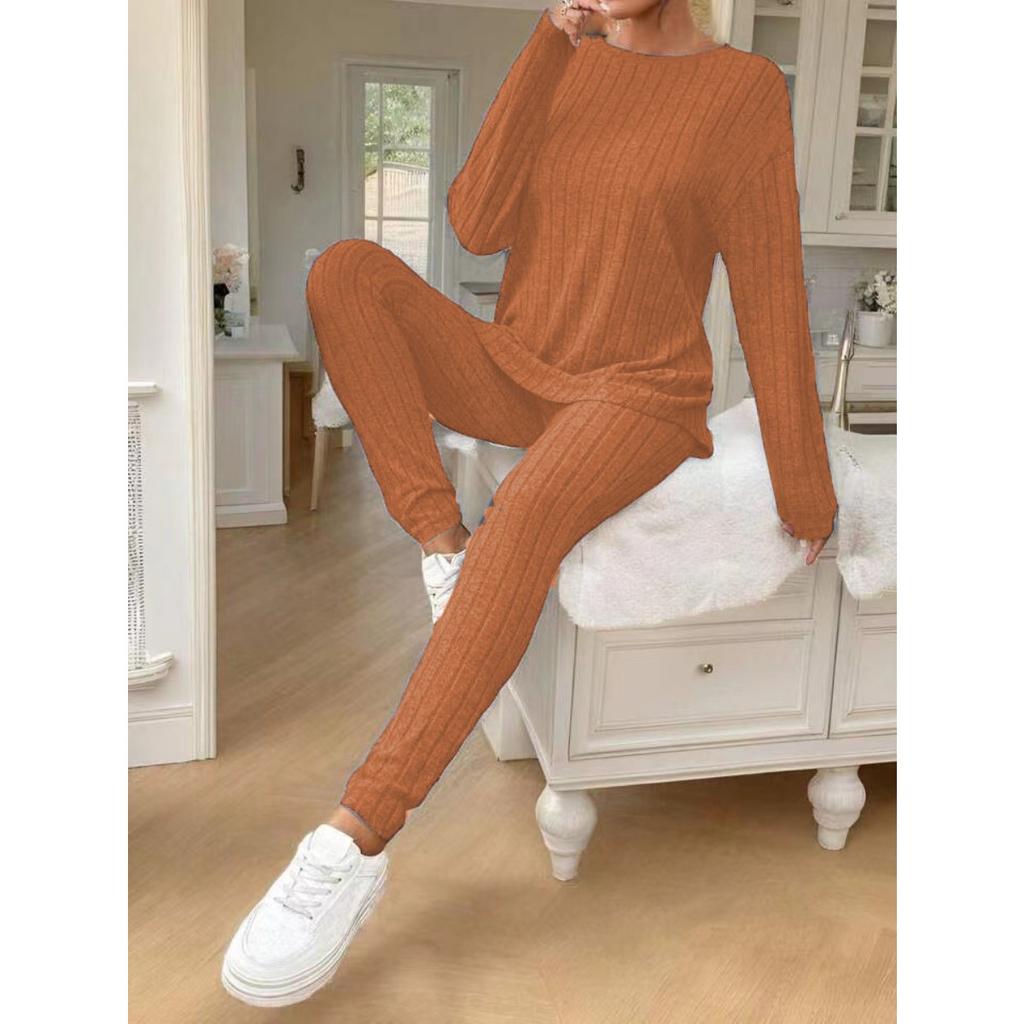 Female Suit, Autumn New Fashionable Casual Temperament Loose Round Neck Pit Stripe Knitted Suit for Women