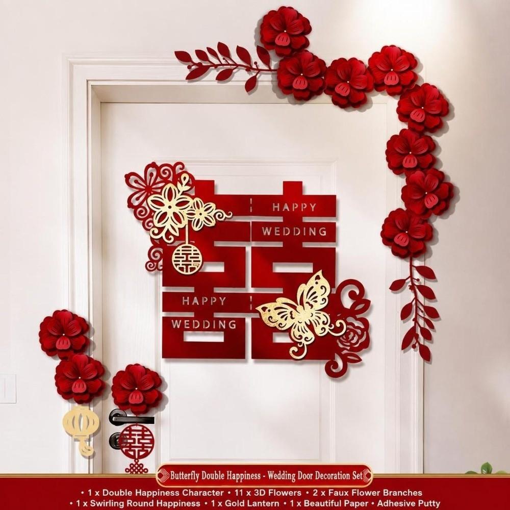 Chinese Wedding Door Decorations Artificial Flowers Double Happiness Sign Home Entrance Decor