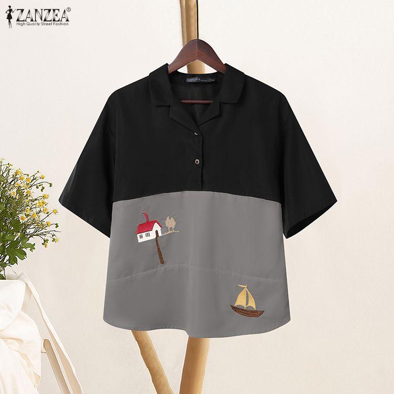 ZANZEA Women Casual Turn Down Collar Summer Short Sleeve Patchwork Blouse