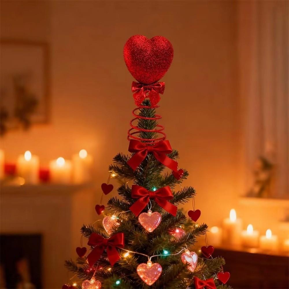 Romantic Valentine's Day Decoration Glitter/Velvet Red Heart Heart Treetop Ornament Spiral Base Flexible Heart Tree Topper