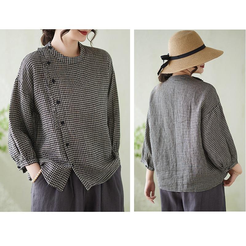 DIMANAF 2026 Plus Size Summer Women Blouse Shirts Tunic Oversize Loose Casual Lady Tops Vintage Lady Plaid Black
