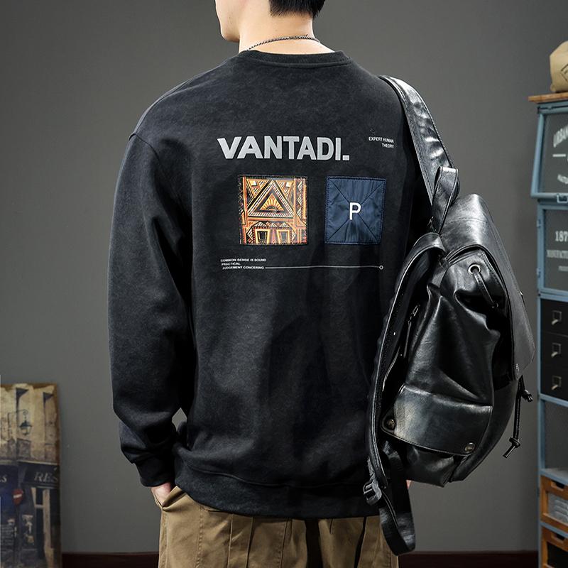 Autumn Heavy Ethnic Style Printed Men'S Sweater Spring And Autumn National Tide Loose Long-Sleeved Crew Neck Bottoming Shirt