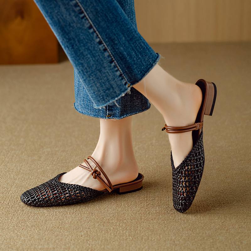 Krazing Pot Microfiber Mules Weaving Summer Size 41 Low Heels Slingback Party Shoes Women Square Toe Gladiator Hollow Out Pumps
