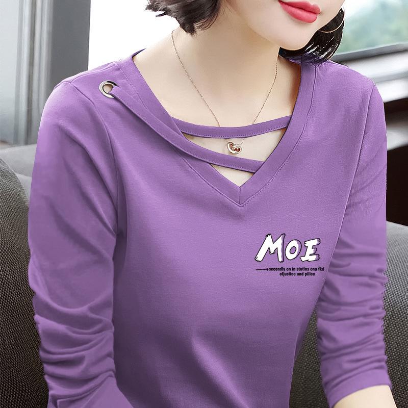 

2025 Корейский Стиль Большой Размер V-образный Вырез Хлопковая Женская Футболка с Длинным Рукавом - Свободный, Приталенный, Универсальный Дизайн для Весны и Осени. 3XL (130-140 jin)