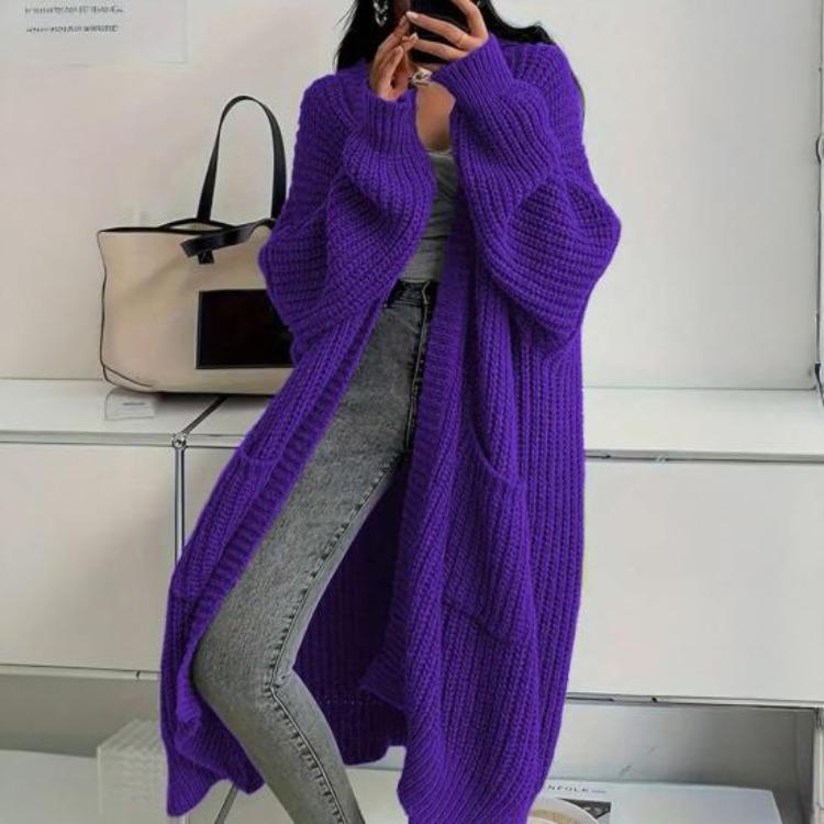 Long Knit Cardigan with Pockets Women Mid Length Open Front Coat Fall Winter Outwear Sweater