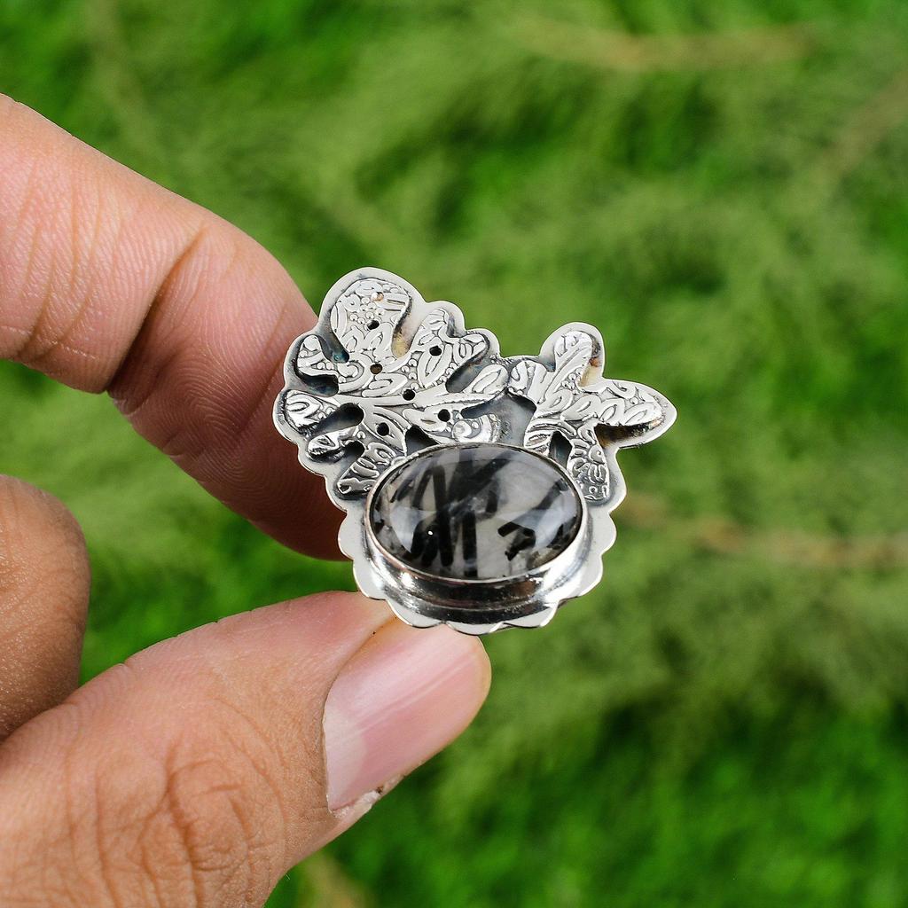 Wedding Gift For Her 925 Silver Natural Black Rutile Stackable Adjustable Ring