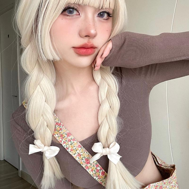 26Inch Blonde Platinum Golden Synthetic Wigs With Bang Long Natural Straight Hair Wig for Women Hime Cut Cosplay Heat Resistant