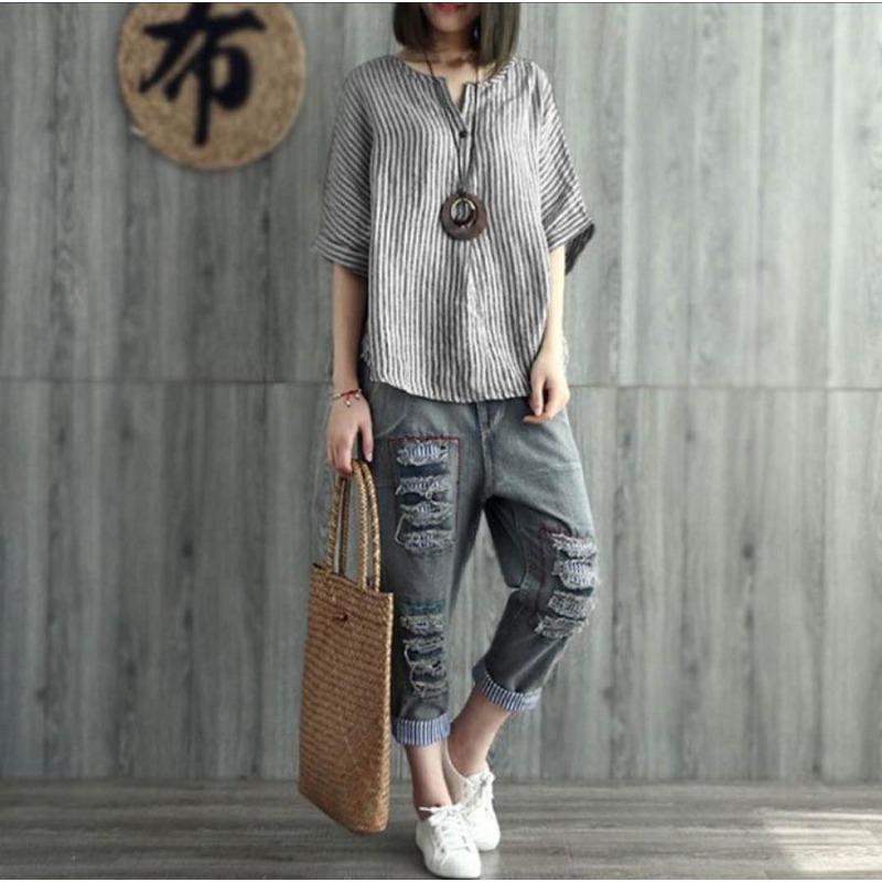 Damski bawełniany top w paski na lato, koszulka codzienna na jesień i zimę