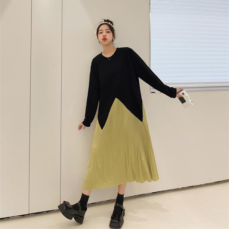 DIMANAF 2023 Winter Plus Size Shirt Dress Women Loose Dress Chiffon Beach Spliced Solid Casual Plaid Vintage Full Length Dresses O-Neck