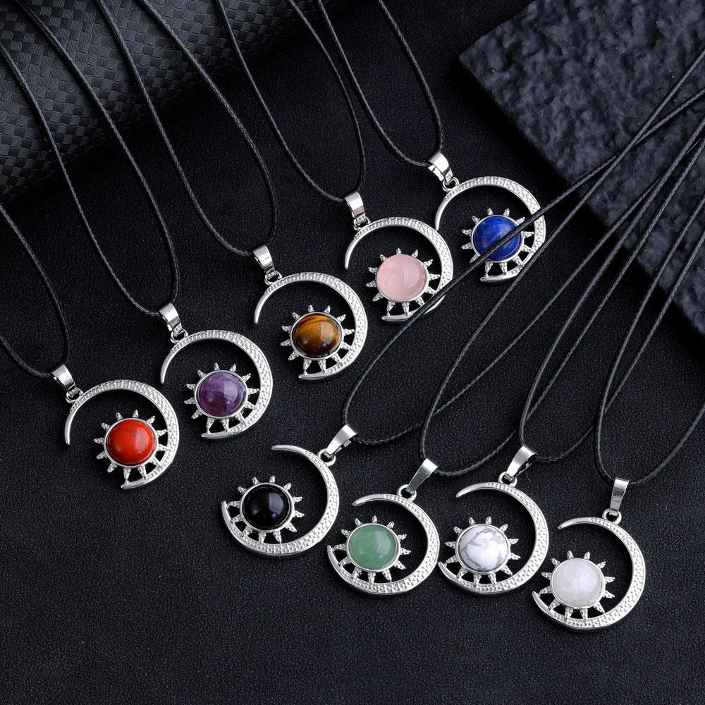 Sun and Moon Design Women's Pendant Necklace with natural Stone Boho Style Beach Vocation Jewelry Gift Moon Sun Necklace Occult