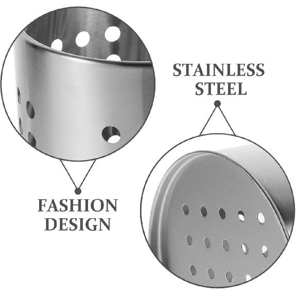 Stainless Steel Kitchen Utensil Holder Flatware Cylinder Silverware Draining Organizer Drying Rack with Round Drain Holes for Forks, Knives, Spoons,