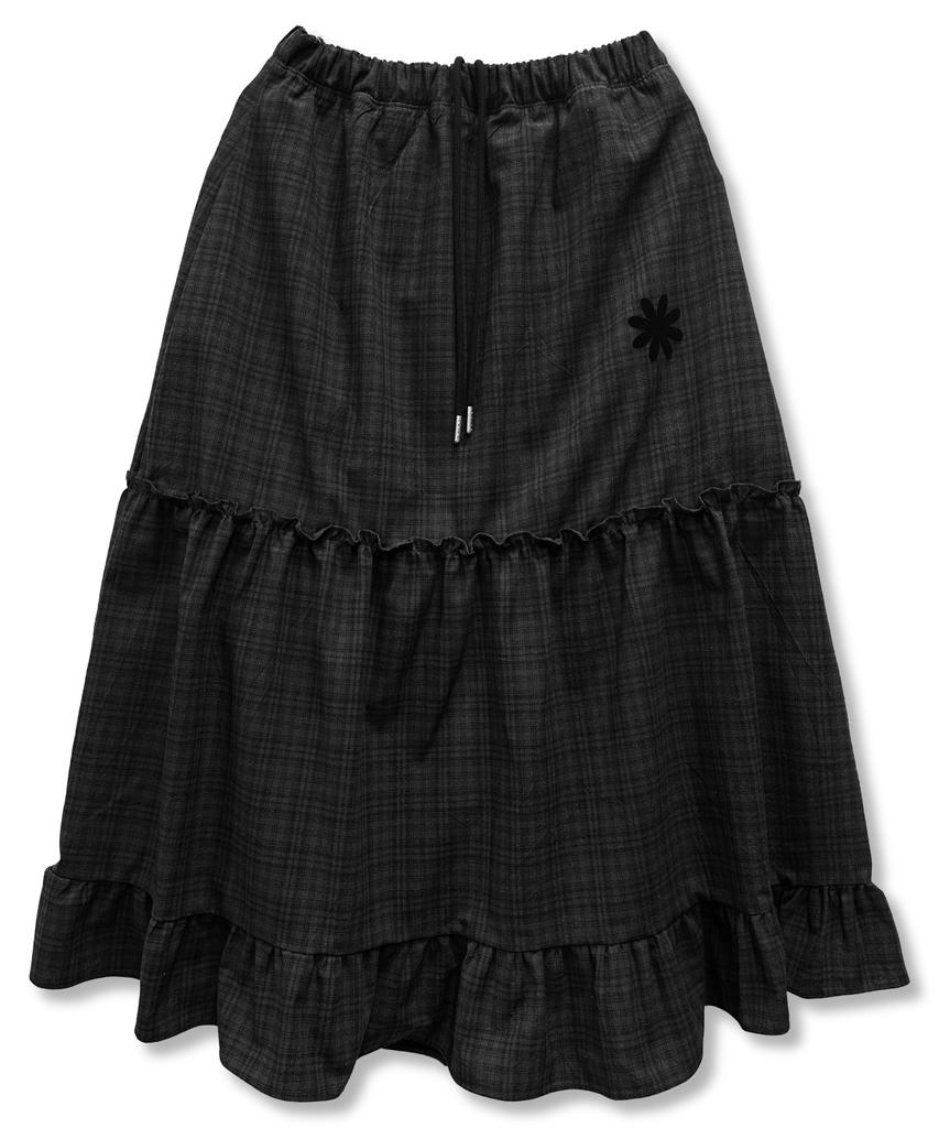 Damiswi Vintage Check Frill Long Skirt_Black