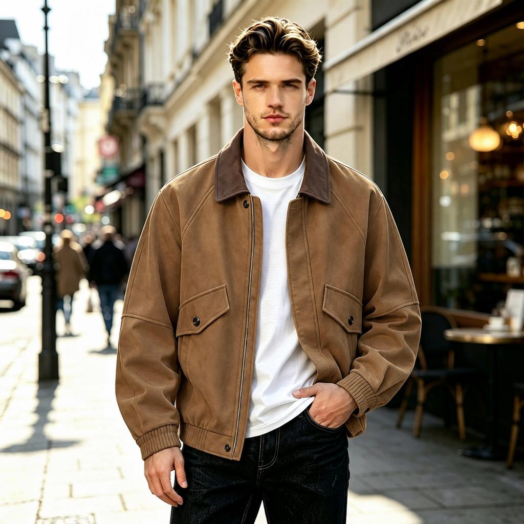 Men's Color Leather Jacket with Lapel Collar Retro Loose Fit Plus Size Outerwear for Spring Fall
