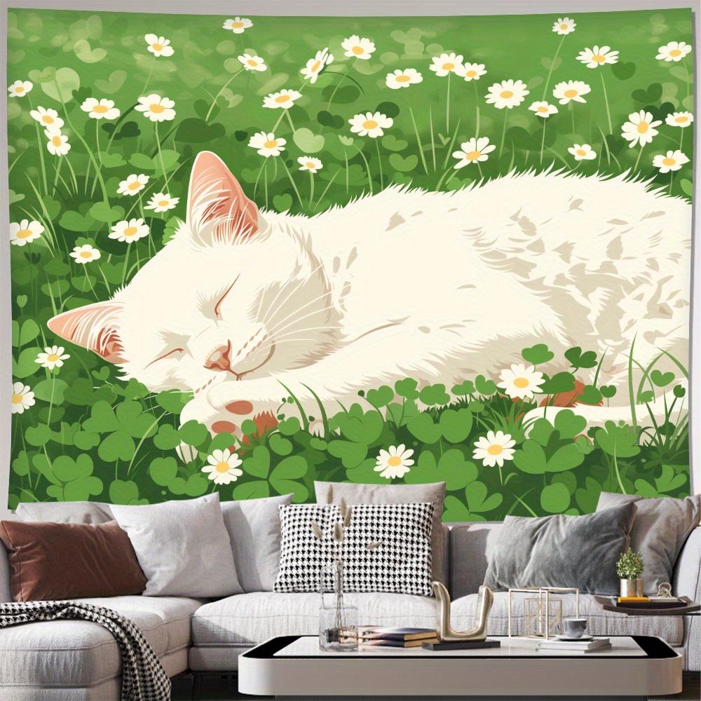 Cat In Meadow Polyester Tapestry, White Sleeping Cat Wall Hanging For Bedroom Living Room Office Decor Gift