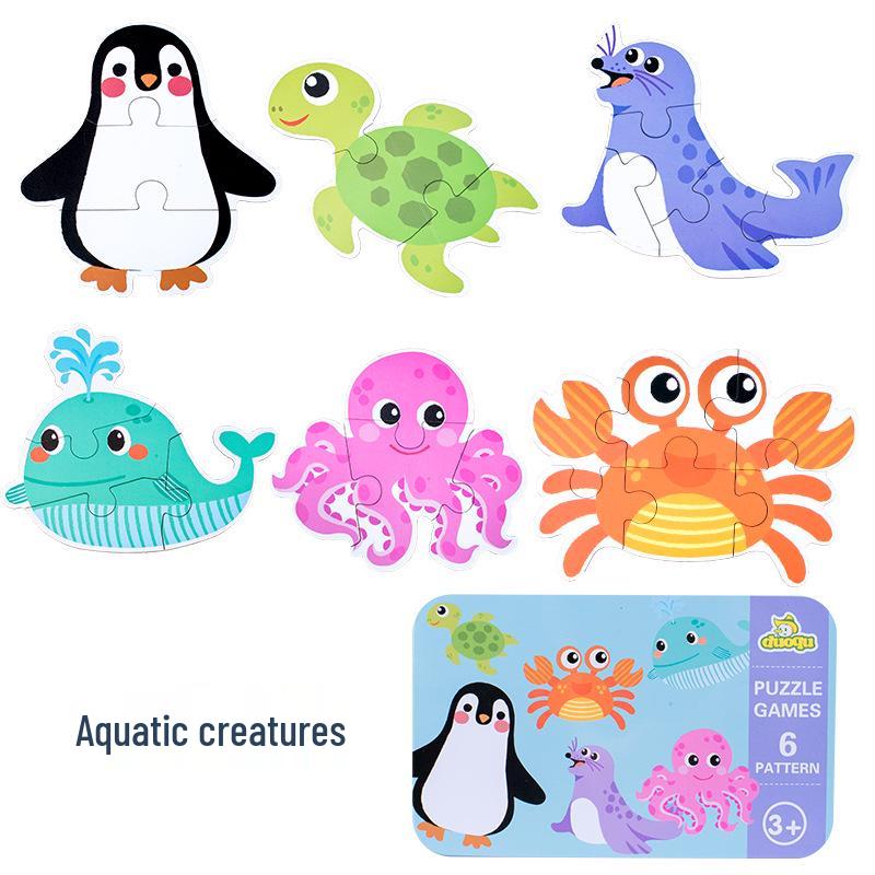 Children's Educational Wooden Cognitive Puzzle Toy - Six-in-One Tin Box