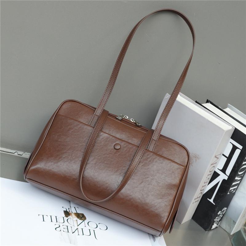 

Hifashi Retro Genuine Leather Bowling Underarm Shoulder Bags For Women 2026 Luxury Designer Large Pillow Tote Ladies Handbags темно-коричневого кольору