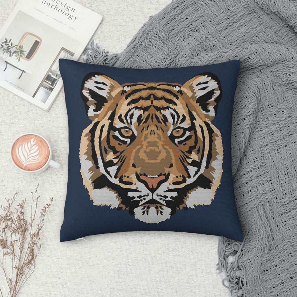 Tiger Face Square Pillowcase Polyester Linen Velvet Printed Zip Decor Room Cushion Cover