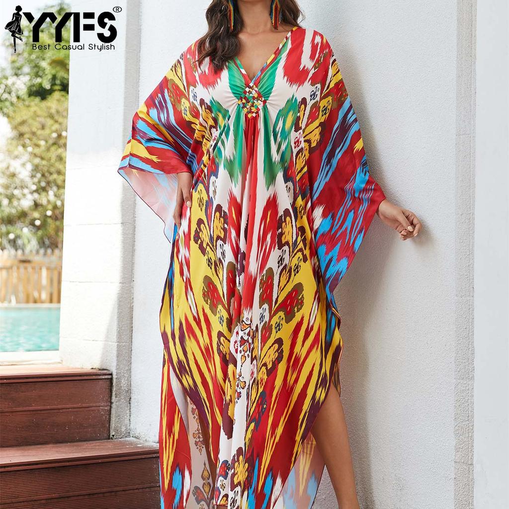 YYFS Damenmode Urlaub Sommer Frühling Blumenmuster Druck Langarm V-Ausschnitt Freizeitkleider