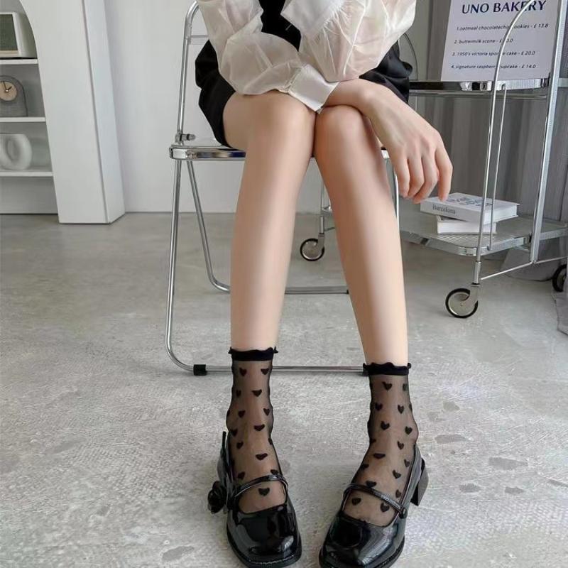 Women Girls Summer Thin Socks Glasses French Lace Socks Ruffled Love Glass Fibe Heart Pattern Transparent Sheer Mesh Sweet Socks