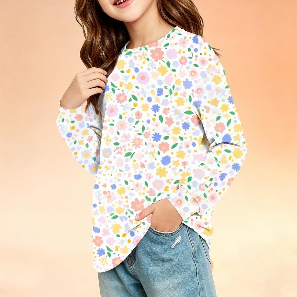 Kids Long Sleeve Printed Round Neck T-Shirt with Pocket Casual Top