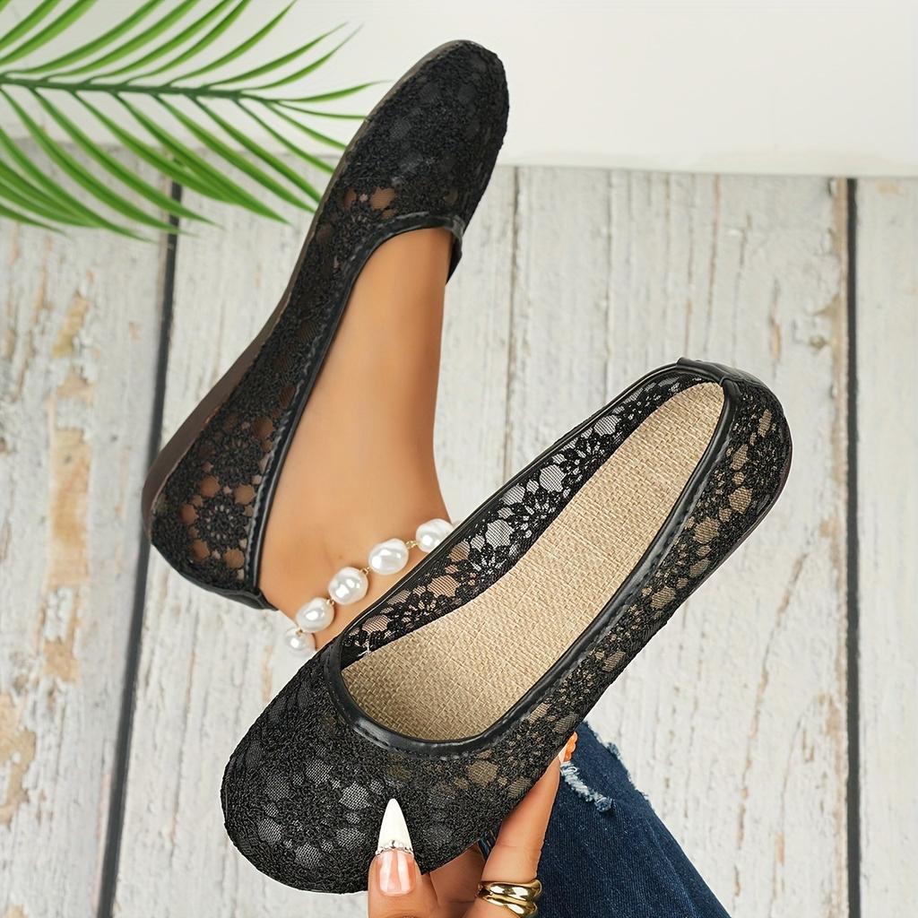 Modische Ballerinas für Damen mit floralem Spitzendetail – atmungsaktiv, zum Hineinschlüpfen, Loafer mit runder Zehenpartie, Design, ganzjähriger Komfort, Ballerinas