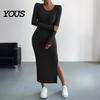 Daily Wear Autumn Dresses Women Round Neck Knitted Dress, Long Sleeve Pullover Sweater Formal Work Solid Color Stretchy Split Bodycon Dress for Winter